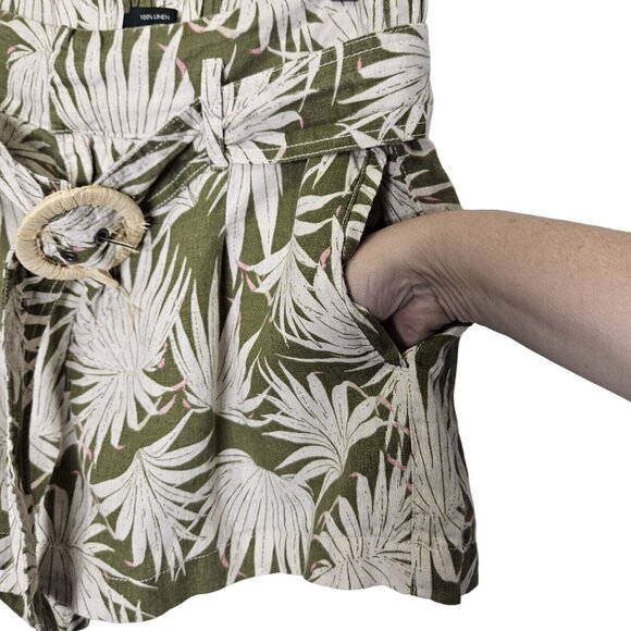 Tahari Womens Green & White Tropical Leaf Print Linen Shorts Belt Pockets L‎ - Picture 2 of 13
